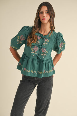 Embroidered Puff Blouse